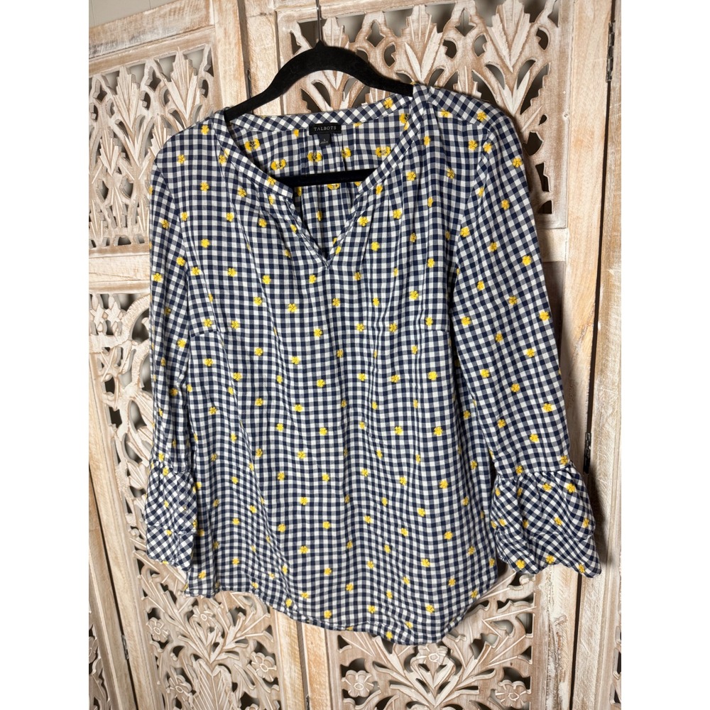 Talbots Womens Navy White Gingham Yellow Embroidered Flower Bell Sleeve Blouse L - Picture 2 of 8